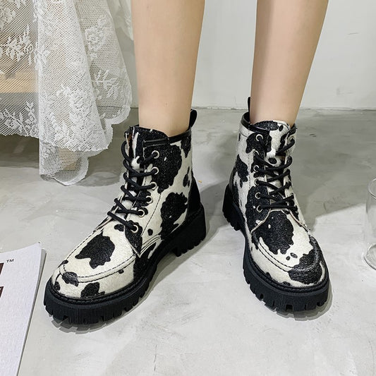 Women's Fashion Round Toe Lace-up Square Heel Platform Martin Boots