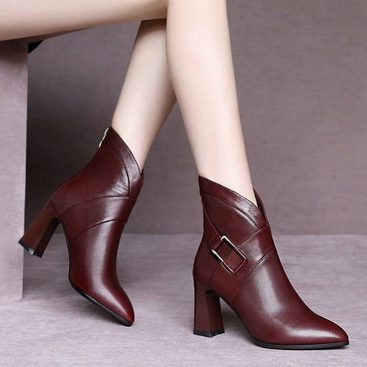 Women's Thick Heel High-top Shoes Fashion Leather Ankle Boots