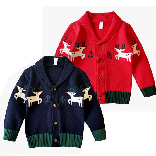 Children's Christmas Elk Lapel Cardigan