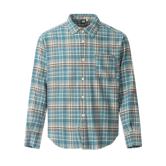 American Retro Plaid Long Sleeve Shirt Casual Polo Collar Raw Edge