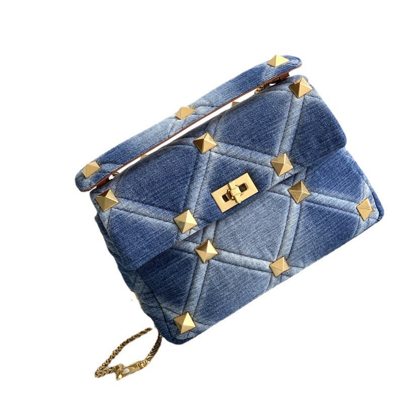 Denim With Cowhide Bag Large Rivet