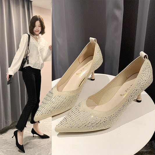 Pointed Shallow Mouth Fashion All-match Knit Stiletto Fairy High Heels