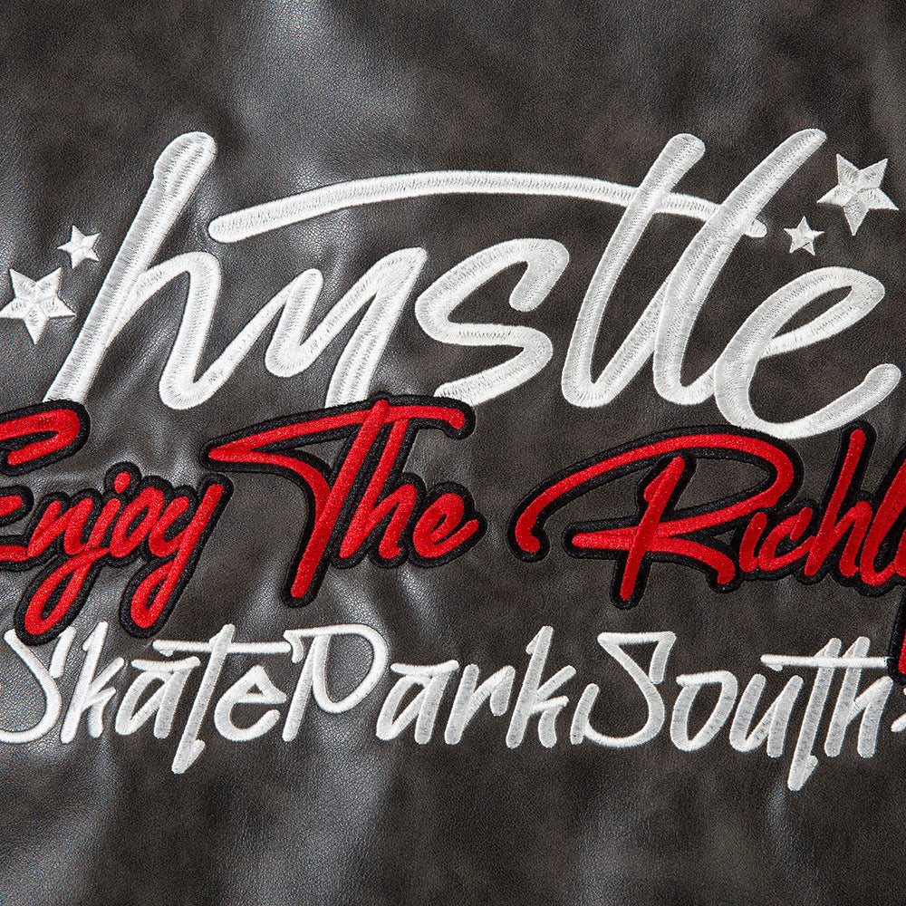 American-style Old Embroidery Letters Loose Leather Coat Men