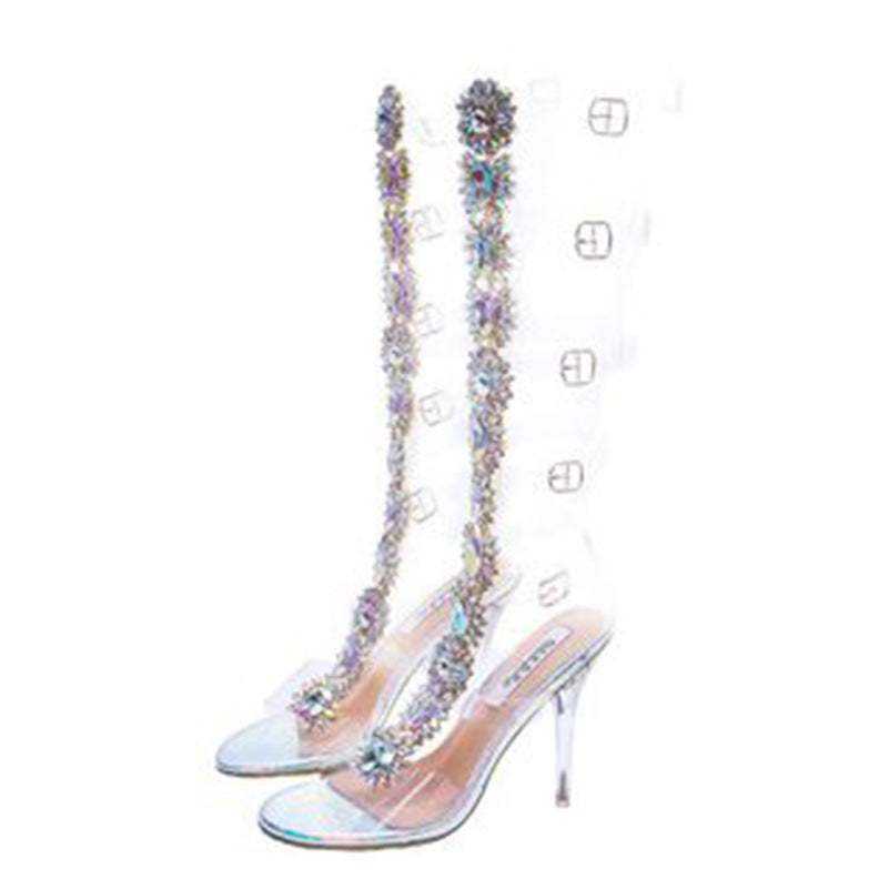 Trendy Large Rhinestone Transparent High-heeled Boots