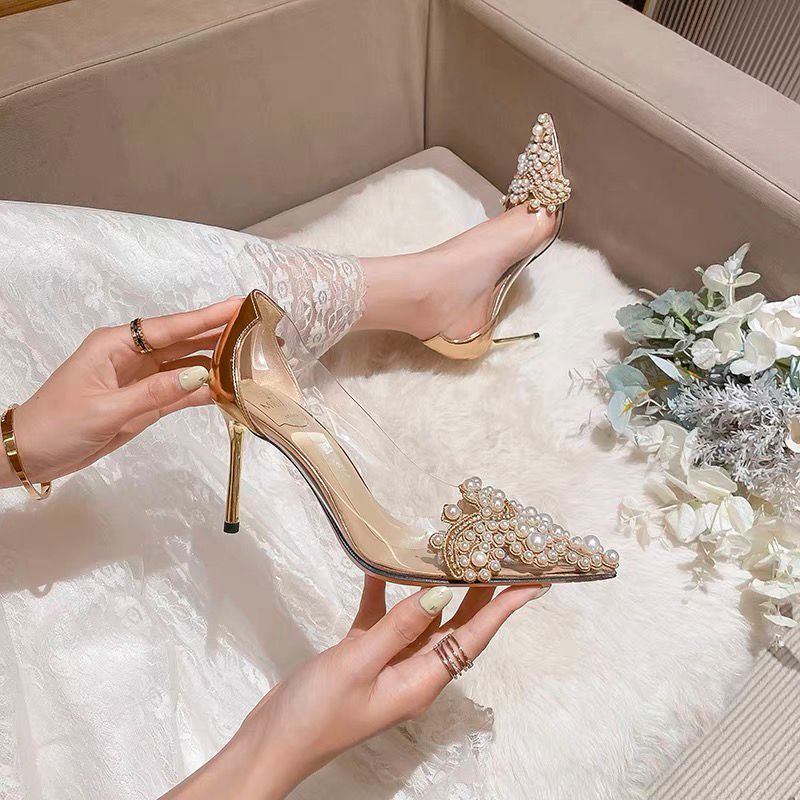 Women's Stiletto Pointed Pearl Transparent High Heel Pumps