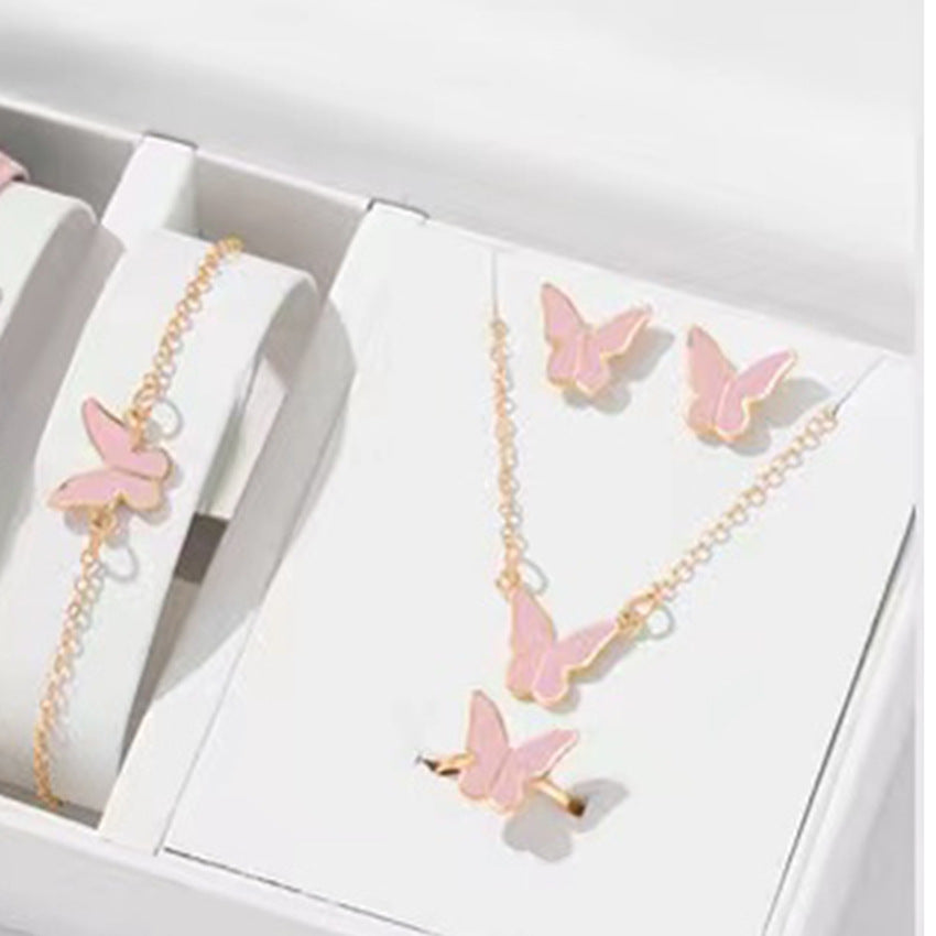 5PCS Fashion Butterfly Pendants Necklace Earrings Ring Bracelet Sets For Women Jewelry Set Bridal Wedding Jewelry Gift