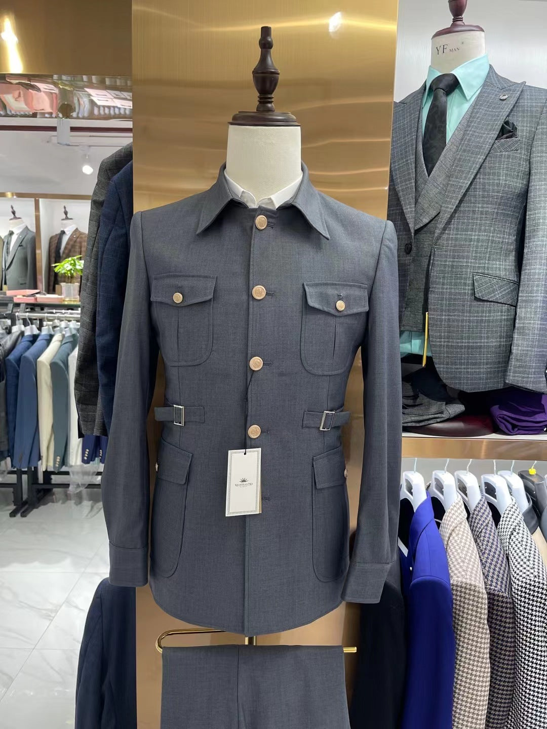 Slim-fit Zhongshan Suit Navy Blue Men's Suit Two-piece Suit