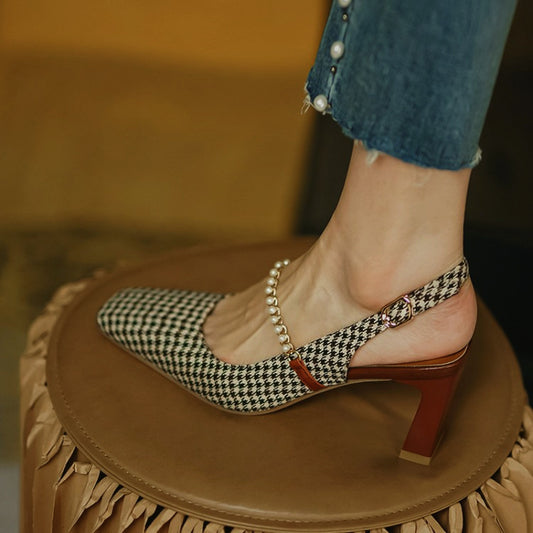 Square Toe High Heel Chain Buckle Back Sandals