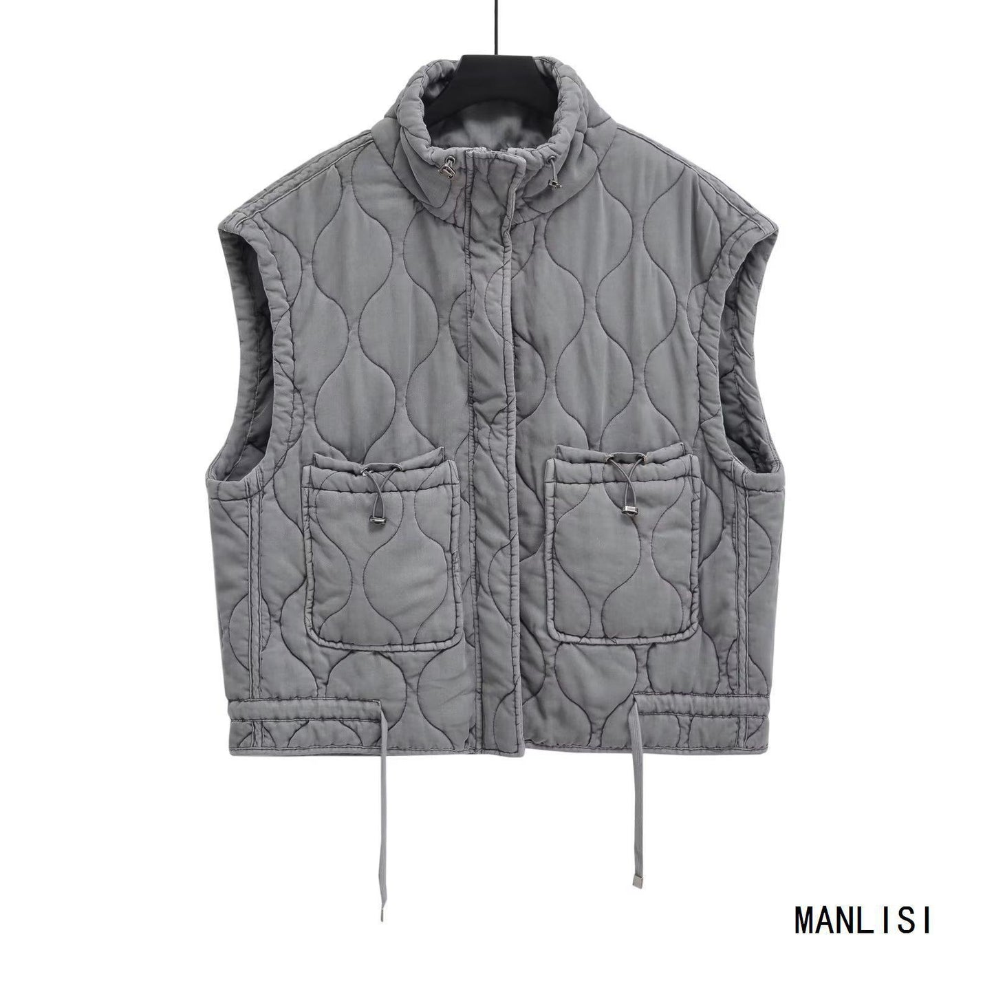 Women's Stand Collar Casual Sleeveless Gray Cotton Clothes Vest