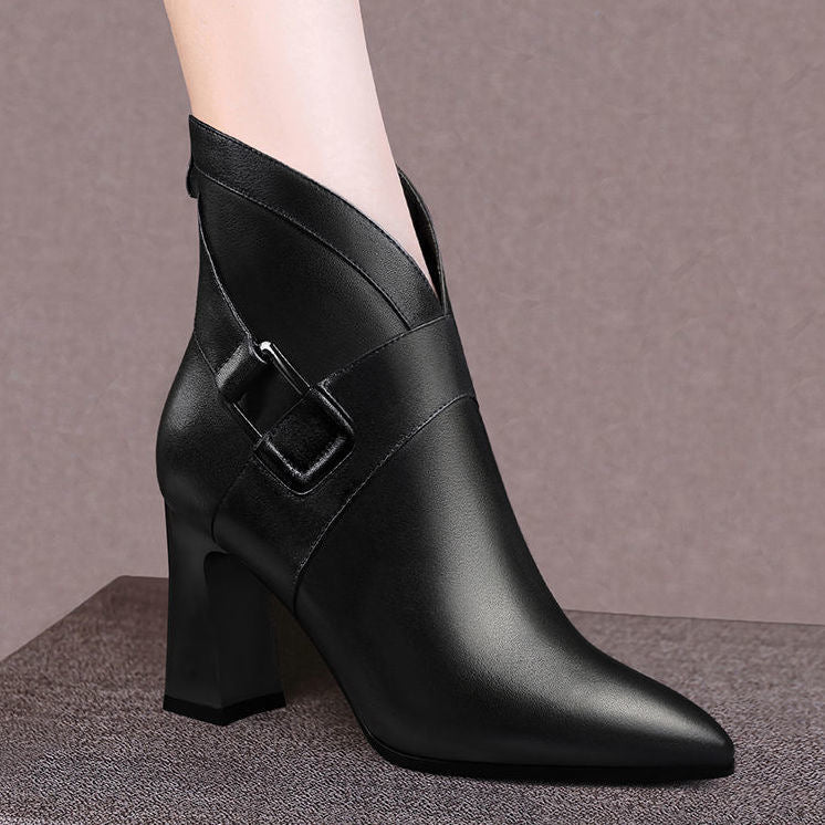 Women's Thick Heel High-top Shoes Fashion Leather Ankle Boots