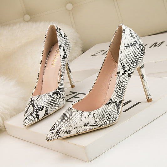 Shallow Mouth Snake Pattern Pointed Sexy Nightclub Showed Thin High Heels