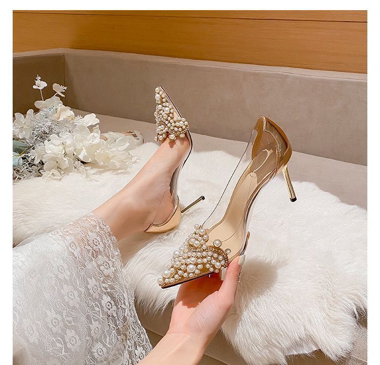 Women's Stiletto Pointed Pearl Transparent High Heel Pumps