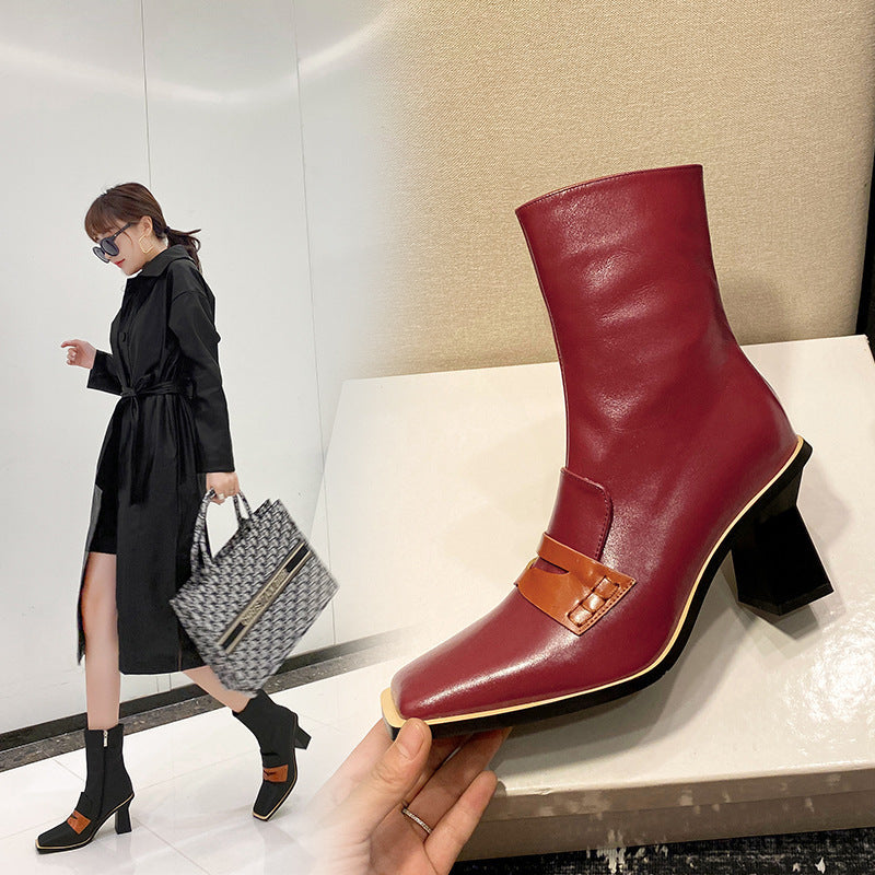 Thick-heeled Square-toed Boots Cowhide Retro Fashion All-match Leather Boots