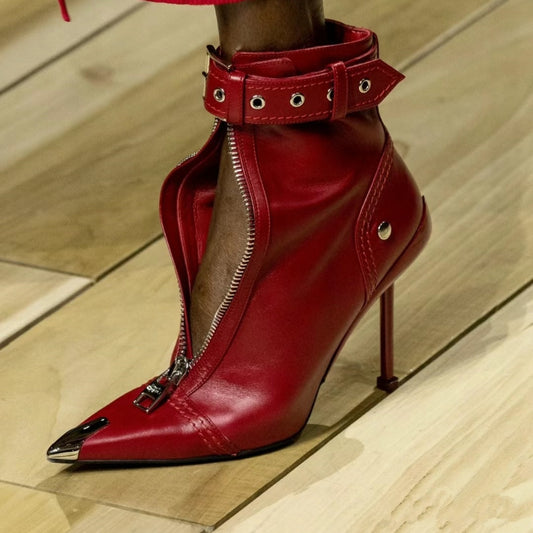 Shaped High Heeled Metal Pointed Buckle Boots