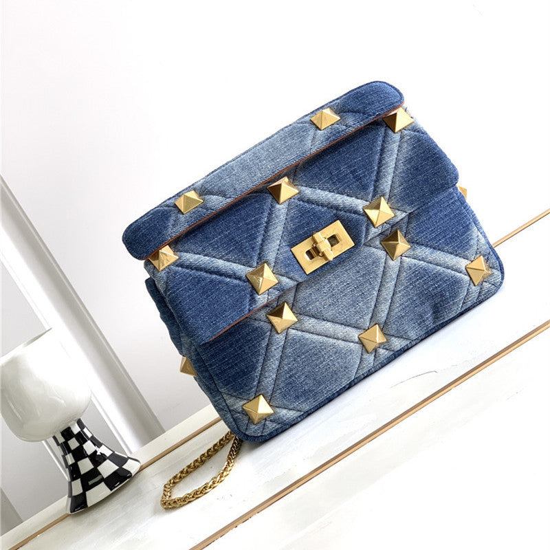 Denim With Cowhide Bag Large Rivet