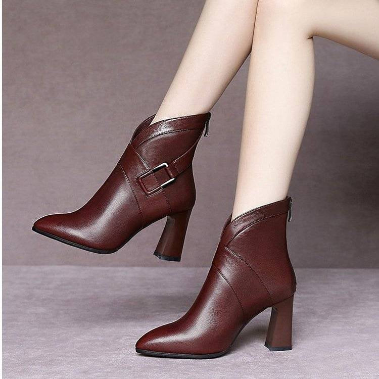 Women's Thick Heel High-top Shoes Fashion Leather Ankle Boots