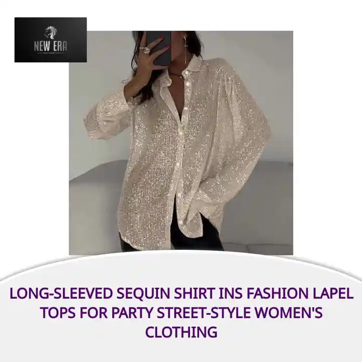 Long-sleeved Sequin Shirt Ins Fashion Lapel Tops For Party Street-style Women&#039;s Clothing by@Outfy